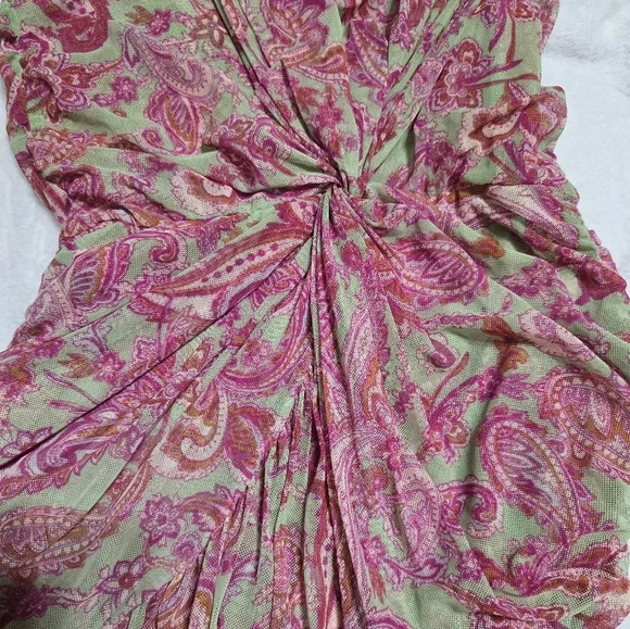 Misa Los Angeles Ava Midi Dress in Vintage Paisley, Stretch Mesh, Ruched Bodice. - Picture 10 of 16